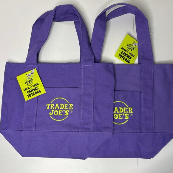 LOT 2x — Trader Joe’s Canvas MINI Tote Bag Halloween Trick or Treat Purple Green - Picture 1 of 6